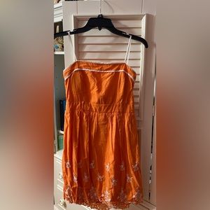 Orange and white strapless mini dress